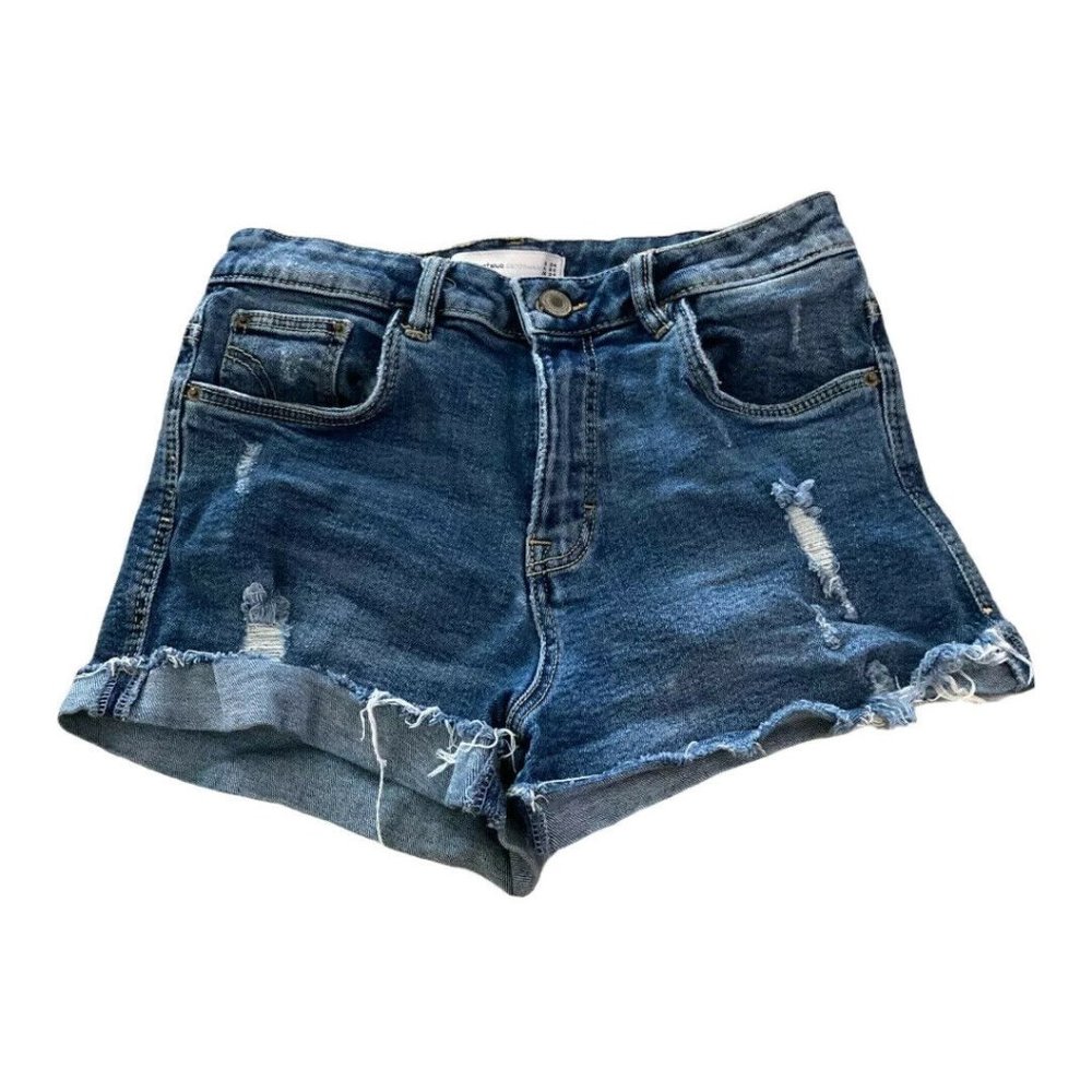 Zara Trafaluc Cuffed Distressed Denim Shorts Sz 2